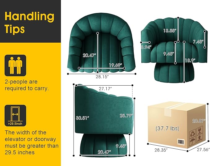 Mid Century 360 Degree Swivel Cuddle Barrel Accent Sofa Chairs, Round Armchairs with Wide Upholstered, Fluffy Velvet Fabric Chair for Living Room, Bedroom, Office, Waiting Rooms, (Green)