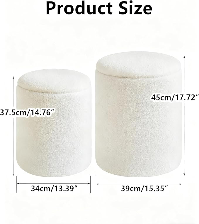 IBUYKE Storage Ottoman Set of 2 Round Ottoman Fleece Vanity Stool with Storage Velvet Footrest Stool End Table Boucle Ottoman for Home Organization UWBD015W