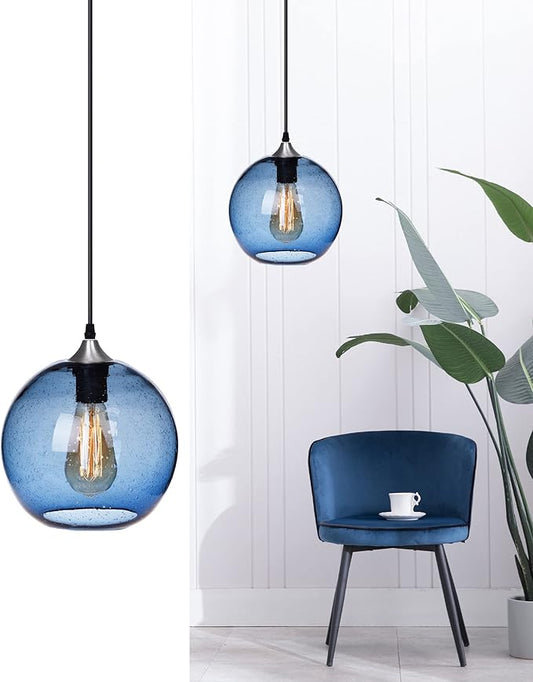 ARIAMOTION Pendant Lights Kitchen Island Blue Glass Lighting Modern Globe Ceiling Hanging Fixtures Seeded Bubble Bedside 8.7 Inch Diam 2-Pack Brushed Nickel