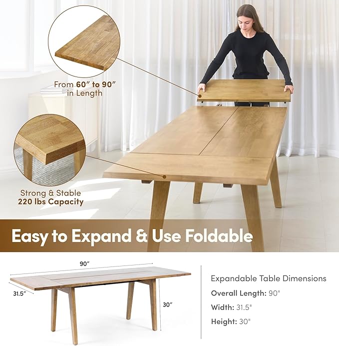 Hevea Premium Solid Wood Extension Dining Table, Expandable Table for 4 to 8 Seats, Adjustable Modern Wooden Dining Furniture (Chairs Sold Separately)