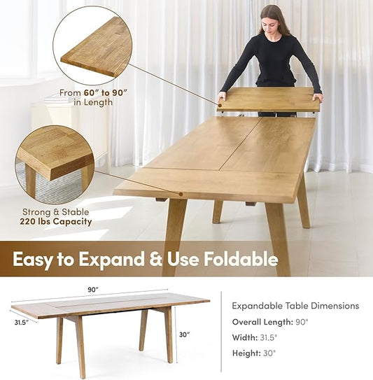 Hevea Premium Solid Wood Extension Dining Table, Expandable Table for 4 to 8 Seats, Adjustable Modern Wooden Dining Furniture (Chairs Sold Separately)