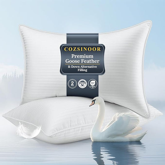 COZSINOOR Goose Feather Pillows King Size Set of 2 - Hotel Down Bed Pillow for Sleeping, Soft 600 TC Cotton Cover, Support Fluffy Surround Fill Down Alternative for Back, Stomach, Side Sleepers