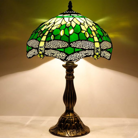 WERFACTORY Tiffany Lamp Green Stained Glass Bedside Table Lamp Dragonfly Style Desk Reading Light 12X12X18 Inches Decor Bedroom Living Room Home Office S459 Series