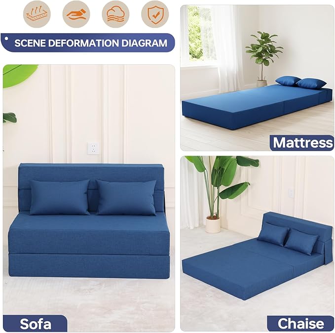 Fvkind Folding Sofa Bed, Foldable Sleeper Chair with Pillow, Convertible Fold Out Chair Bed with Washable Cover, Foldable Mattress for Living Room, Bedroom, Guest Room, Standard Size, Blue