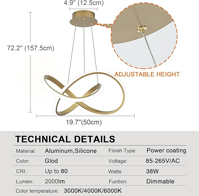 MAYNA Modern LED Chandelier with Remote Control, Dimmable LED Chandelier with 3 Color Temperature,Height Adjustable Pendant Lights for Dining Room Foyer Entryway Kitchen Living Room, Gold 19.7 inch