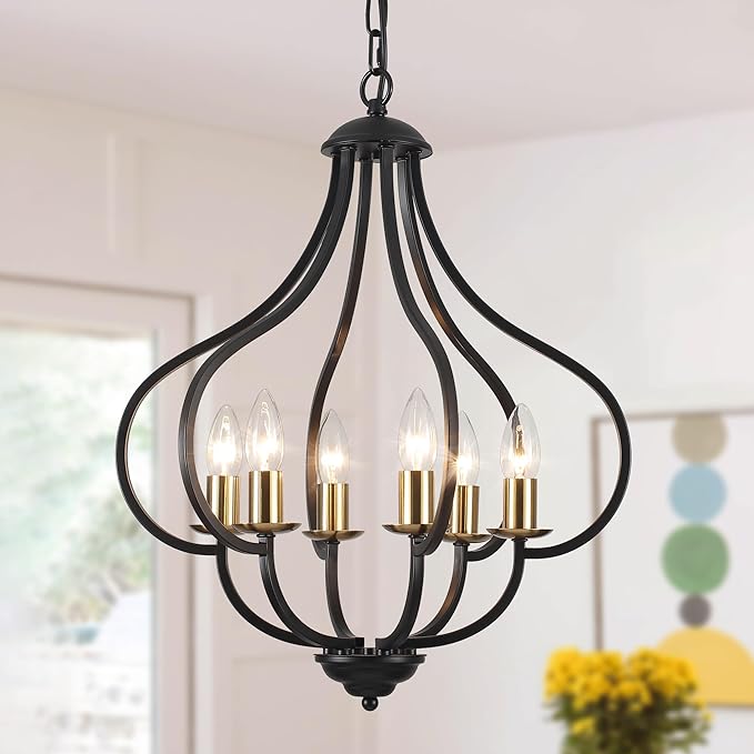 6 Lights Black Farmhouse Chandelier for Dining Room, Vintage Pendant Light Fixture Adjustable Hanging for Kitchen Island Foyer Hallway