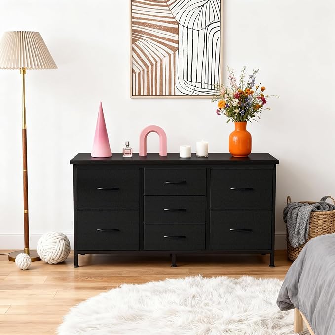 DUMOS TV Stand 7 Drawer Dresser for Bedroom with Storage TV Stands for Living Room Black, Farmhouse Entertainment Center Media Console Table with Metal Frame Adjustable Feet