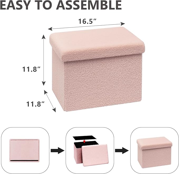 16.5 Inches Small Storage Ottoman - Square Ottoman with Sherpa Top,Storage Bench for Bedroom,16.5" D x 12.6" W x 12.6" H- Pink