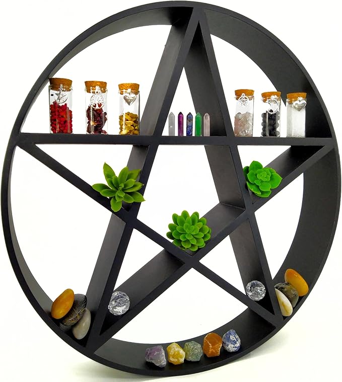 Pentagram Shelf - Star Crystal Shelf, Wooden Floating Shelf, Black - Wall Hanging Shelves for Room Aesthetics and Celestial Decor