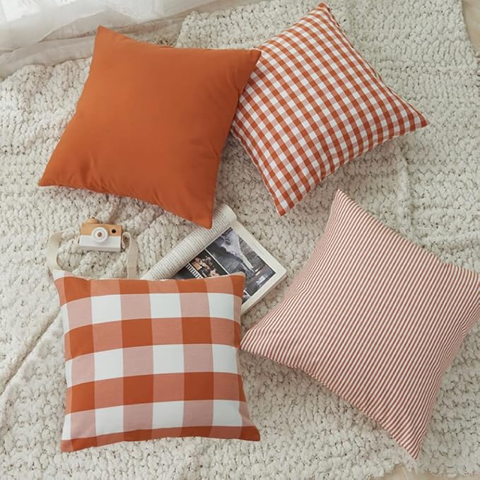 HOPLEE Orange Throw Pillow Covers 18x18 Farmhouse Cushion Cover with Buffalo Plaid, Solid Orange, Striped and Gingham Plaid Design 18x18 inch,4 Pack