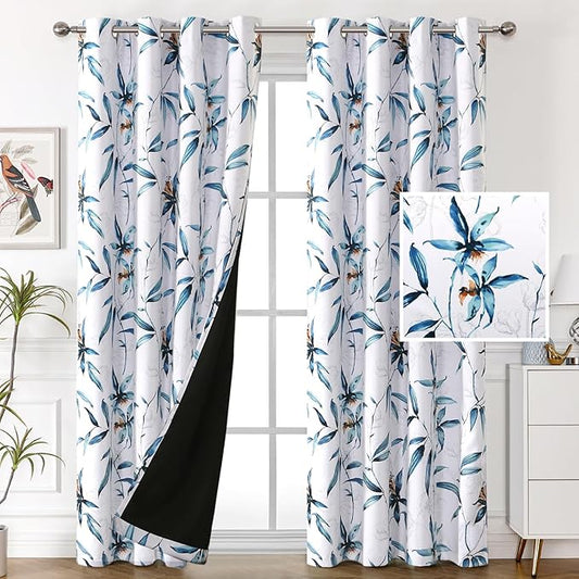 H.VERSAILTEX 100% Blackout Curtains 84 inch Length 2 Panels Set Printed Drapes Thermal Insulated Curtains for Bedroom with Black Liner Sound Proof Curtains, Bella Vista Indigo