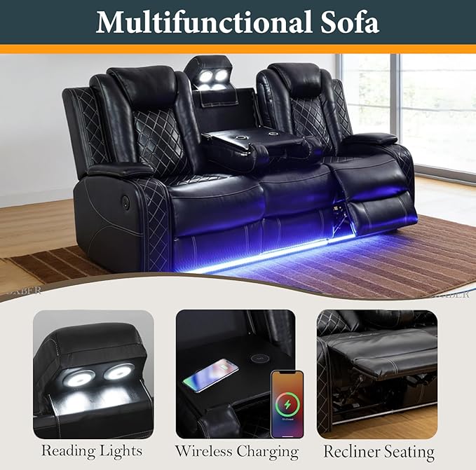 Power Recliner Sectional Sofa Set, Black Leather Sectional Couch Set with 5 Recliners for Living Room, L Shape Reclining Sofa with Cup Holder, Hidden Storage, Coffee Table for House(9 Seat)