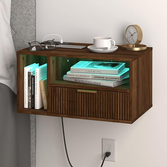 Floating Nightstand with Charging Station and LED Lights, Walnut Brown