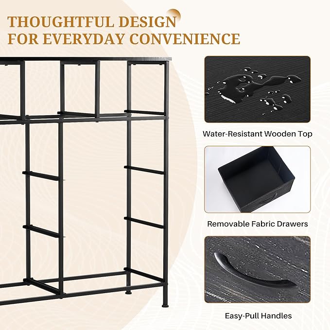 Dresser with 9 Drawers for Bedroom, Fabric Clothes Cabinet for Closet, Anti-Tip Storage Dresser with Metal Frame for Living Room, Entryway, Dorm, Charcoal Black