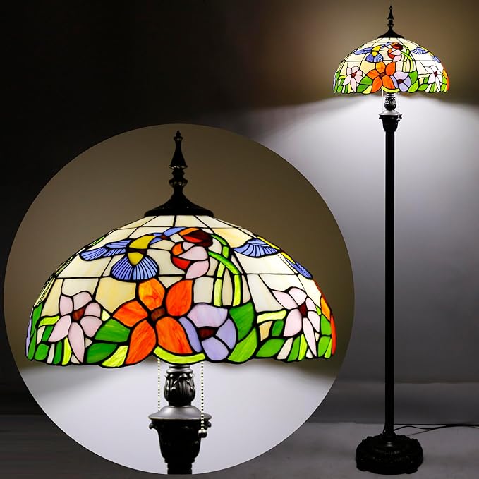 WERFACTORY Tiffany Floor Lamp Hummingbird Amber Stained Glass Standing Reading Light 16X16X64 Inches Antique Pole Corner Lamp Decor Bedroom Living Room Home Office S101 Series