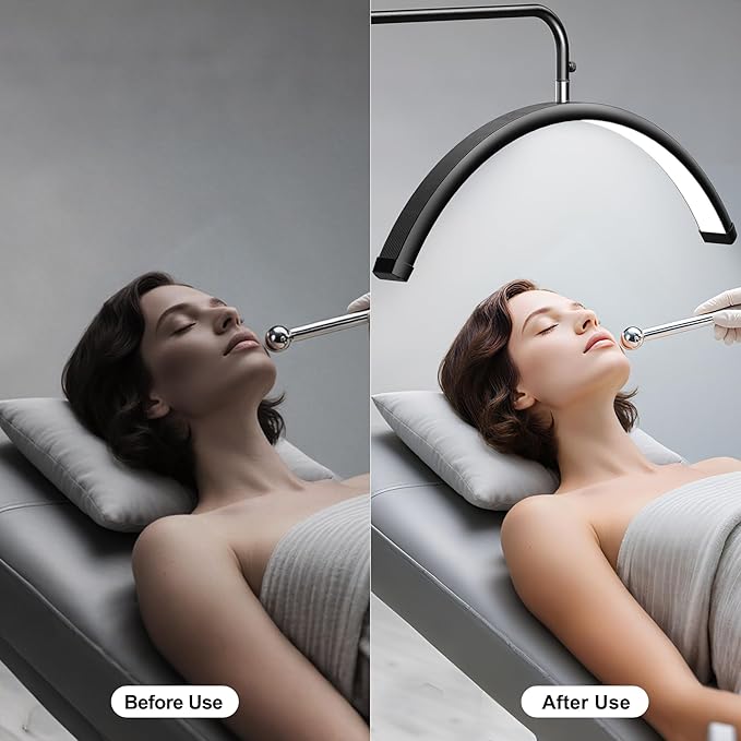 AURELLE Half Moon Lash Light - Adjustable LED Floor Lash Lamp with 4X Magnifier & Phone Holder for Eyelash Extensions,Nail Art,Tattoo,Skincare,Salon SPA-Dimmable Brightness,Rotating Head, Black