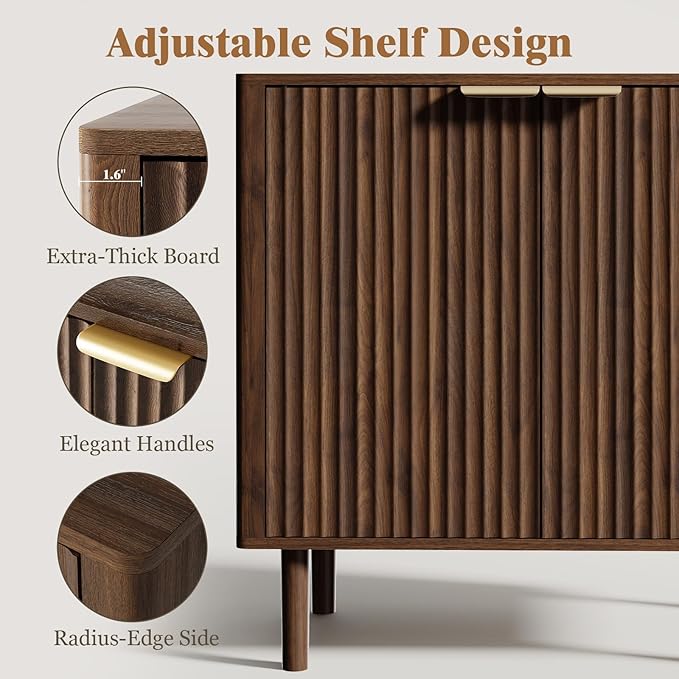 Sideboard Buffet Cabinet with Storage, Modern Fluted Accent Credenza with Doors & Adjustable Shelves, Wood Coffee Bar Console Table for Living Room, Dining Room, Kitchen, Entryway 31.5"Walnut