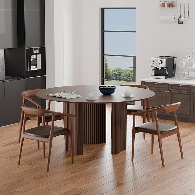 Casaphoria 60" Round Dining Table for 4-6, Farmhouse Style Table with Stripes Base, Easy Assembly for Living Room, Kitchen, Bar, Walnut