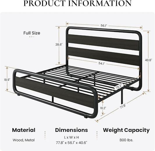 SHA CERLIN Full Size Metal Bed Frame with Wooden Headboard and Footboard, Heavy Duty Oval-Shaped Platform Bed Frame with 10" Under-Bed Storage, Noise Free, No Box Spring Needed, Black