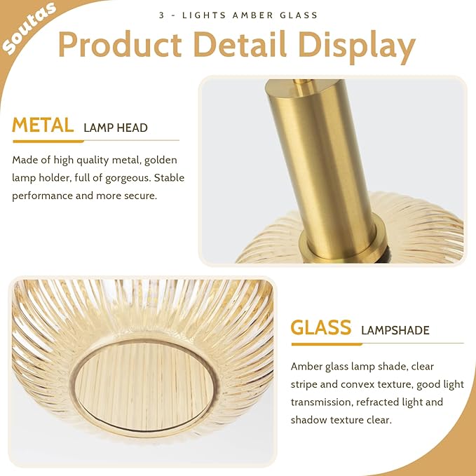 Gold Cluster Pendant Lights, 3-Light Dining Room Light Fixture Over Table, Modern Kitchen Island Chandelier, Multi Light Pendant Lighting Fixtures Ceiling Hanging with Amber Glass Shade