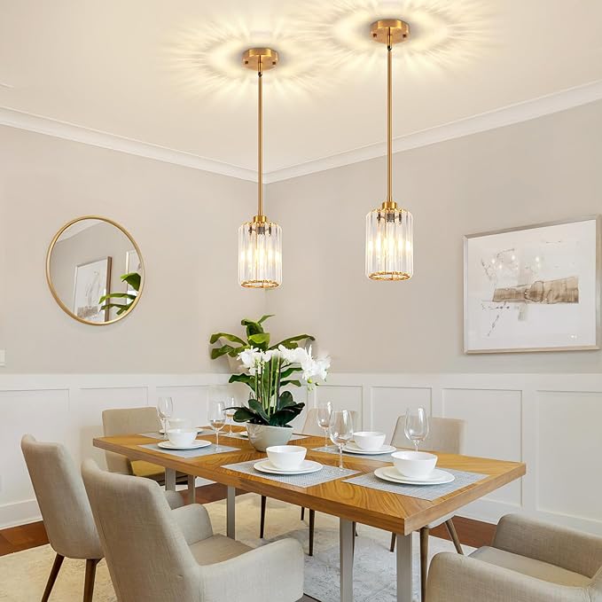 3 Pack Pendant Lights Kitchen Island, Modern Gold Crystal Pendant Light Fixtures Over Island, Mini Chandelier Hanging Pendant Lights for Kitchen Hallway Dining Room Bedroom