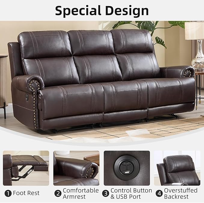 EBELLO Faux Leather Electric Reclining Sofa Set, Power Recliner Five Seats Sofa Set, a Loveseat and a 3-Seat Sofa with USB and Type-C Charging Ports, Vintage Rivet Design for Small Living Room, Brown