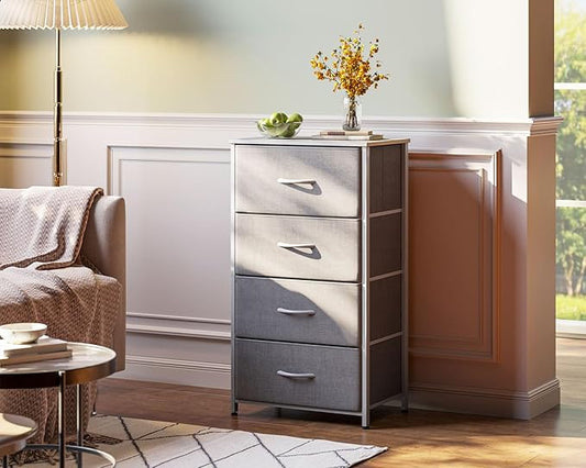 AODK Dresser for Bedroom with 4 Storage Drawers, Small Dressers Chest of Drawers Fabric Dresser with Sturdy Steel Frame, Dressers for Closet with Wood Top, Light Grey