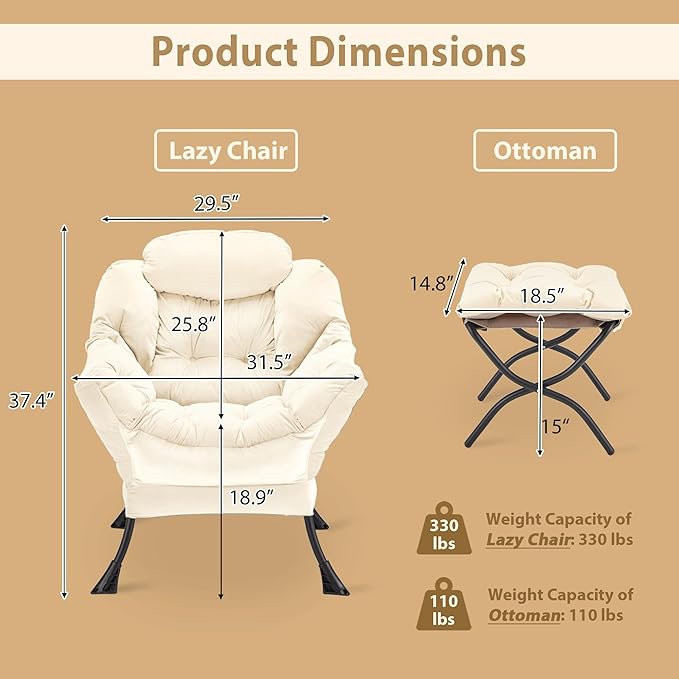 Lazy Chair with Folding Ottoman, Accent Chair Velvet Upholstered with Metal Structure and Non-Slip Pads, Sofa Armchair with Footrest and Side Storage Bag for Dorm, Room, Office, Beige