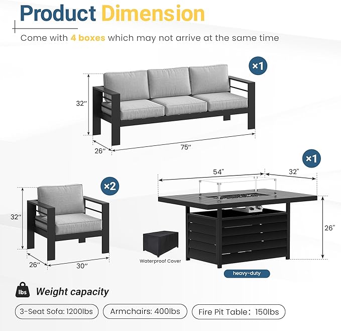Solaste Aluminum Patio Furniture Set for All Weather, Oversized Metal Outdoor Furniture Set with 27.5" Deep Seating and 3.2" Wide Armrest, Outdoor Patio Conversation Sets with 10" Back Suport Cushion