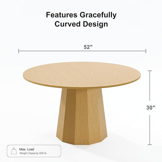 Casaphoria 52" Round Dining Table, Modern Wood Kitchen Table with Cone Shaped Strip Polygonal Base for Living Room & Dining Room, Easy Assembly Farmhouse Furniture for 4-6, Oak