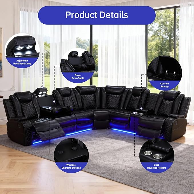 Power Reclining Leather Sectional Couch with Home Theater Seating, Air Leather Recliner Sofa with LED Lighting, Cup Holders and Storage, Modern Reclining Couch for Living Room/Bedroom, Black