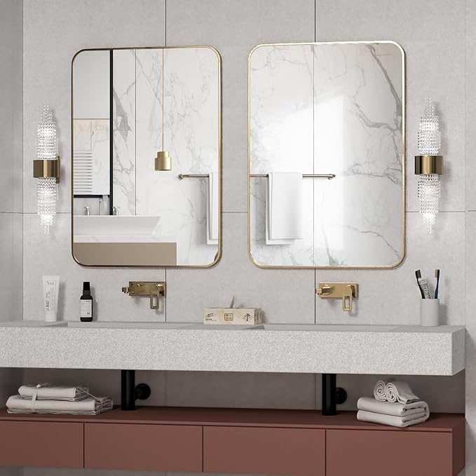 Manocorro Bathroom Mirror,2-Pack 20 x 28 Inch Gold Wall Mount Mirror,Frame Vanity Mirror with Round Corner for Bedroom Living Room, Entryway Hangs Horizontal or Vertical