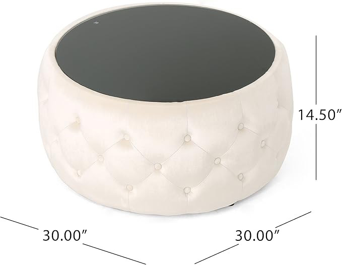Christopher Knight Home Ivy Glam Velvet and Tempered Glass Coffee Table Ottoman, Beige, Black