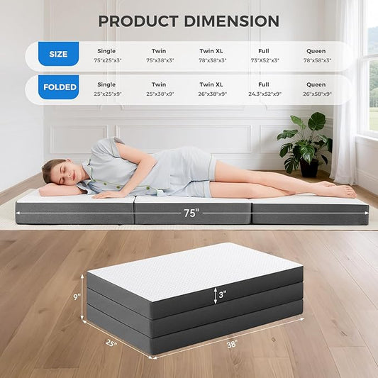 MASVIS Trifold Mattress, 3 Inch Memory Foam Foldable Mattress with Washable Cover, Tri-Folding Floor Bed for Camping, Twin