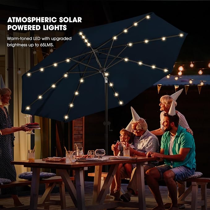 wikiwiki 9FT Solar Led Patio Umbrella with Base Included, 32 LED Lights, 8 Sturdy Ribs, Fade Resistant Waterproof POLYESTER DTY Canopy for Garden, Lawn, Deck, Backyard & Pool, Navy Blue