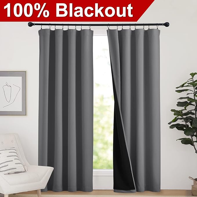 NICETOWN Blackout Curtains for Bedroom, Pair of Energy Smart & Noise Blocking Out Full Shade Curtain Panels, Thermal Insulated Guest Room Rod Pocket Window Dressing(Gray, 52 x 84 inch)