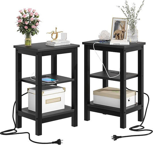 VECELO Modern Nightstands with Charging Station,Side End Table Night Stand with Storage Shelf for Small Spaces, Bedroom,Living Room