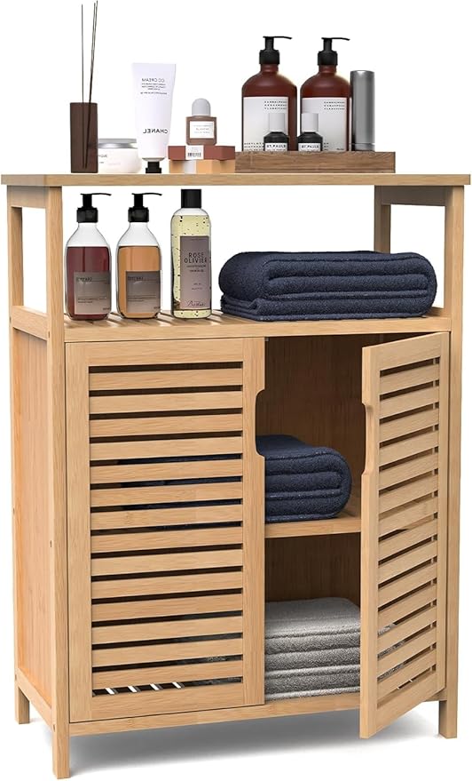 Bamboo Bathroom Storage Cabinet with 2 Doors, Bathroom Floor Freestanding Cabinets Organizer for Living Room, Kitchen, Entryway