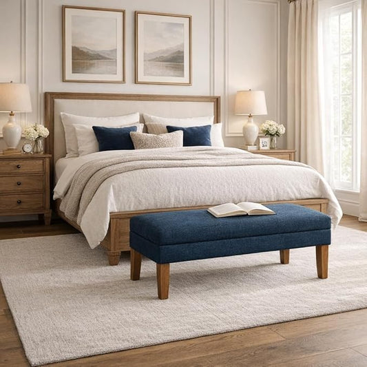 Homepop Home Decor | Upholstered Decorative Storage Ottoman Bench | Ottoman Bench with Storage for Living Room & Bedroom | Decorative Home Furniture, Navy Large