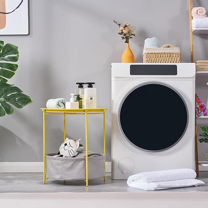 VECELO Round Side/End Table with Fabric Storage Basket，Metal Anti-Rust and Waterproof Small Bedside Nightstand with Removable Tray Top for Living Room，Balcony & Laundry，Yellow /1pcs with Basket