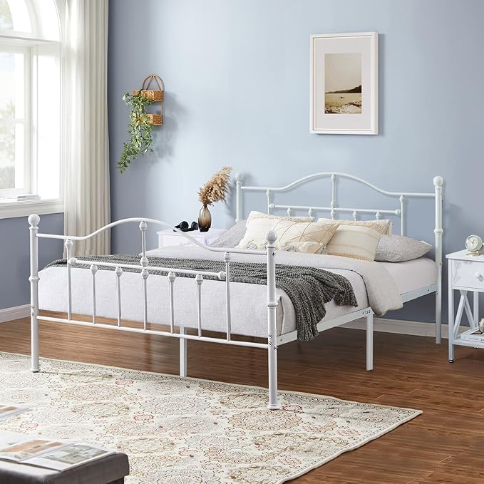 VECELO Full Size Bed Frame, Metal Platform Mattress Foundation/Box Spring Replacement with Headboard Victorian Style, White
