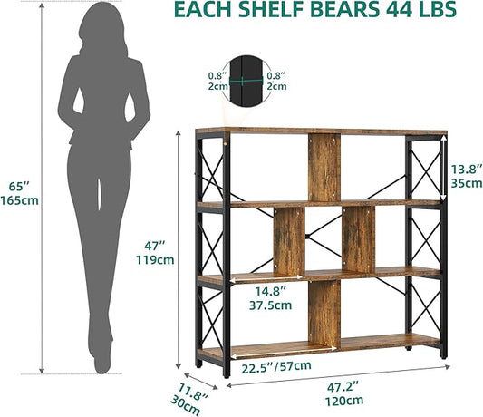 YITAHOME 4 Tier Bookshelf, Free Standing Cube Bookcases and Bookshelves, Industrial Furniture Wide Display Cabinet Open Storage Book Shelf for Living Room Bedroom Home Office, Rustic Brown