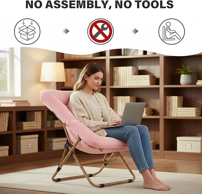 Tiita Comfy Folded Chair, Soft Faux Fur Oversized Folding Accent Chair, Lazy Chair for Teens Adults, Metal Frame Moon Chair for Bedroom, Living Room, Dorm Rooms, X-Large Pink