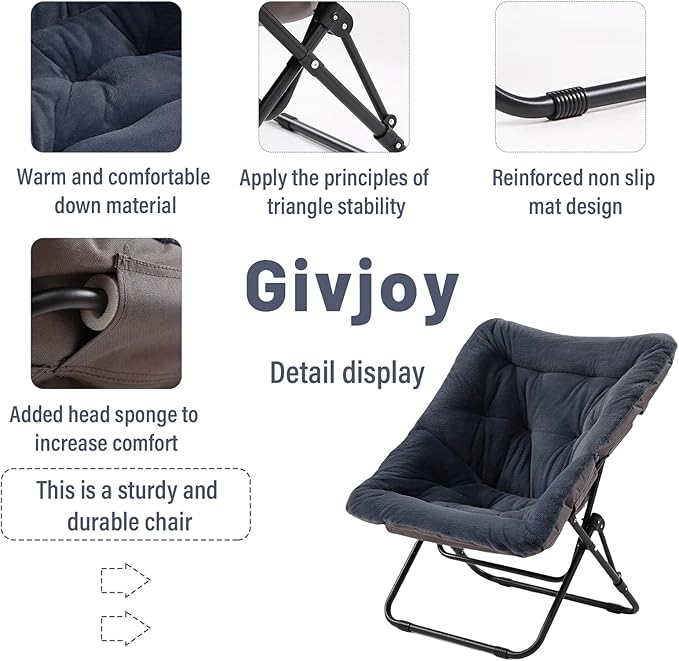 Comfy Folded Chair, Soft Faux Fur Oversized Folding Chair, Flexible Lazy Chair for Kids Girls Teens Adults, Metal Frame Moon Chair for Dorm Rooms, Bedroom, Living Room
