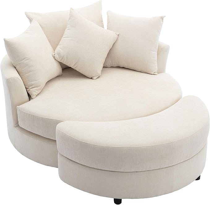 ERYE Oversized Round Accent Barrel Chair with Storage Ottoman and 360 Swivel Base, Modern Chenille Upholstered Leisure Recliner Armchair for Living Room Bedroom
