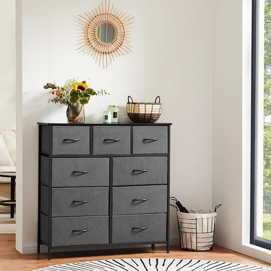 Sweetcrispy 9 Drawer Fabric Dresser Tall Chest Storage Organizer Tower with Cabinet Metal Frame and Wood Top Lightweight Closet Furniture for Bedroom,Charcoal Grey