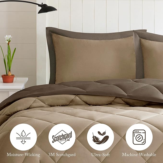 Madison Park Essentials Comfort Classics Larksppur Reversible Down Alternative 3M Scotchgard Comforter Mini Set, Twin/ Twin X-Long, Brown/ Sand