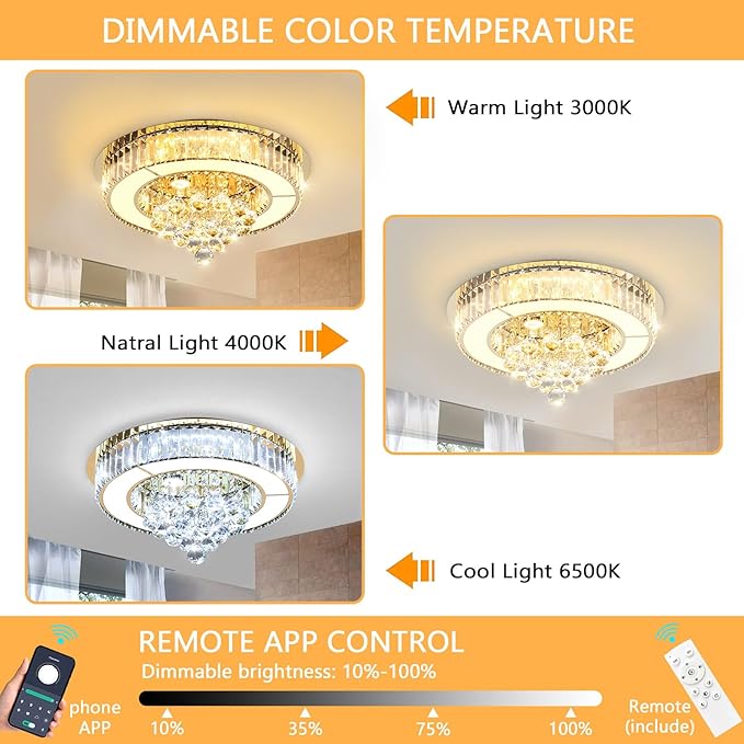 19.6'' Gold Modern Crystal Chandeliers for Dining Room LED Dimmable Light Fixtures Flush Mount Light Living Room Bedrooms