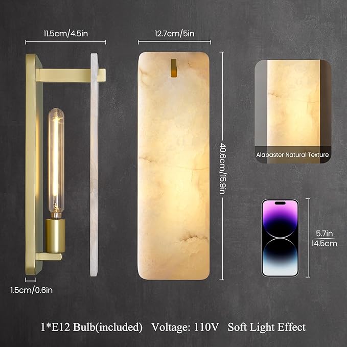 Modern Rectangular Alabaster Wall Sconce 16 Inch, Natural Spanish Stone Vanity Light Fixture, Brass Gold Dimmable Hardwired E12, Luxury Sconces for Bathroom Mirror Bedroom Bedside Corridor Home Decor