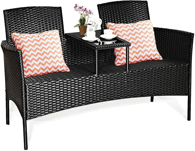 HAPPYGRILL Patio Loveseat Rattan Wicker Loveseat with Coffee Table, Outdoor Conversation Sofa Furniture with Cushions for Garden Lawn Backyard Porch